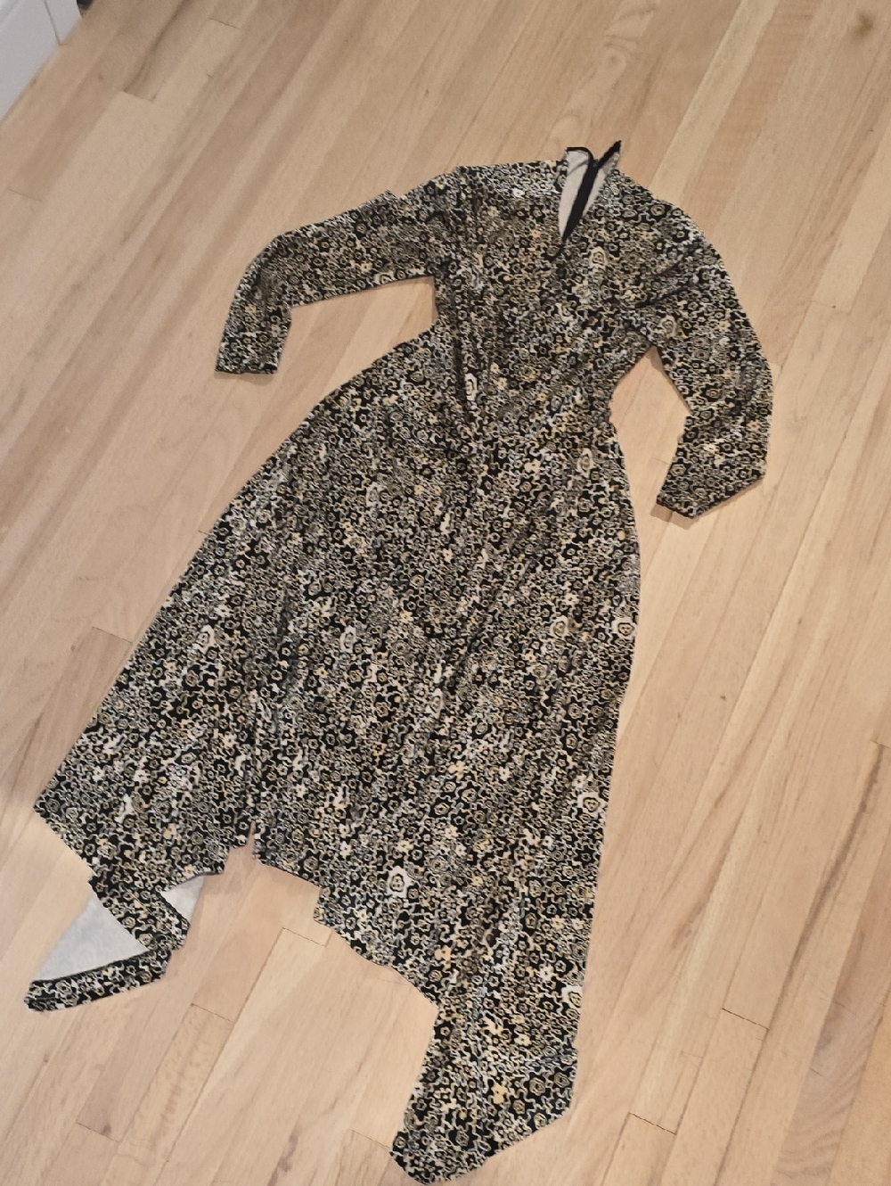 Long Floral Wrap Dress in Black and Cream
